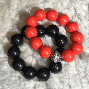 Chunky Bead Coral & Black Retro Bracelet Set